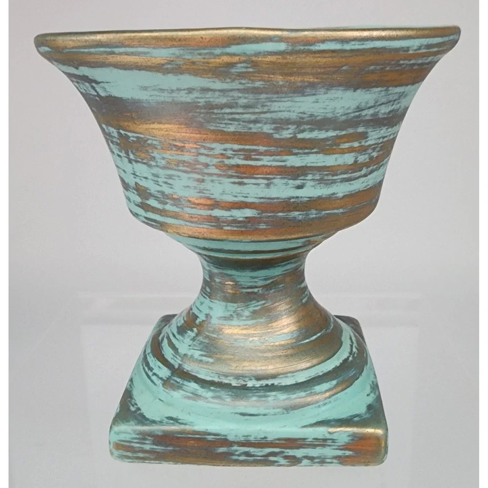 Stangl Pottery Planter Urn Turquoise Gold Ceramic Pedestal Vase EXC Vintage